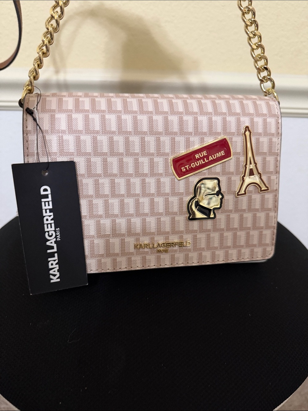 Karl Lagerfeld Pink Beige Logo-Print Crossbody with Gold Accents